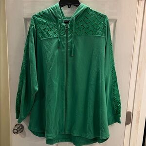 Susan Graver Eyelet Lace Zip Front Hoodie in Green